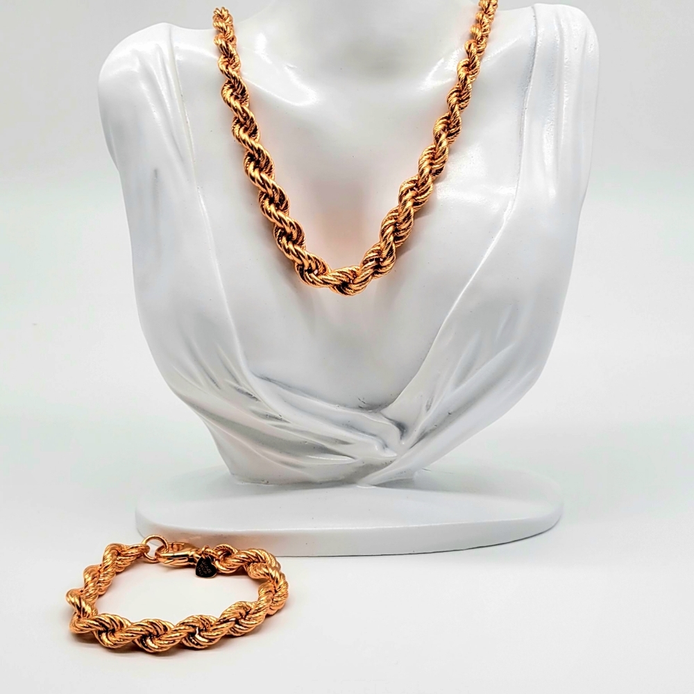 Bronzo Italia Rose Gold Chunky Rope Chain Necklace and Bracelet Set